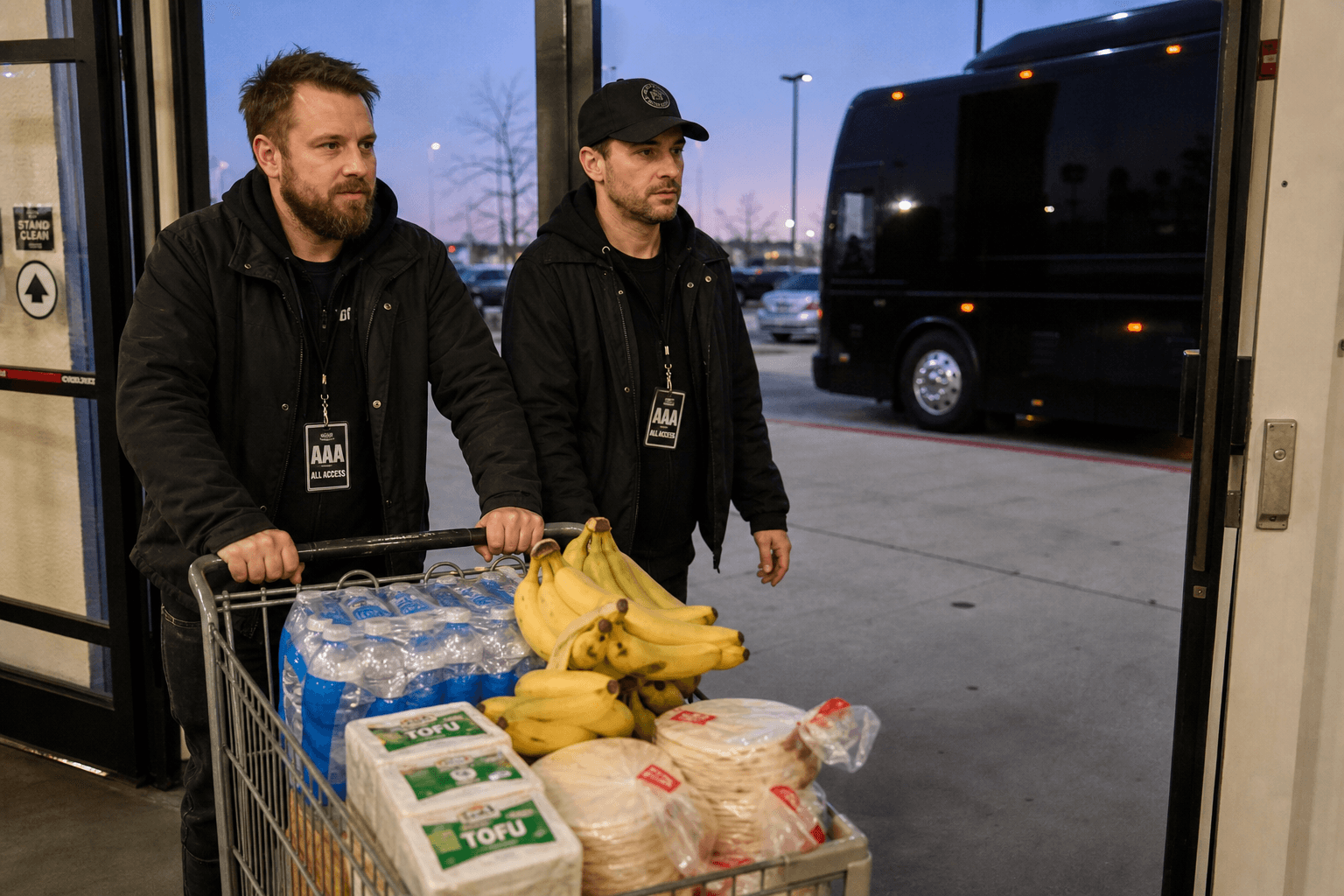Crew grocery run with a tour bus parked outside
