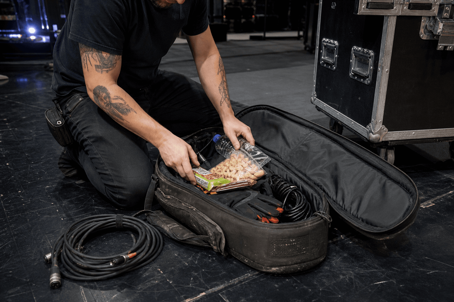 Roadie packing snacks into a gig bag on a stage floor